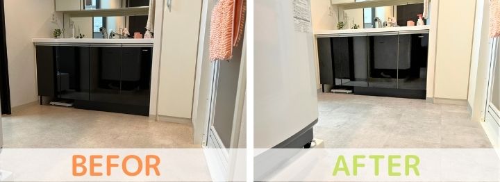 洗面化粧室の床貼り替えリフォーム　堺市T様邸ビフォー・アフター